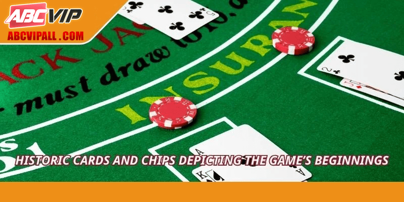 Historic cards and chips depicting the game’s beginnings